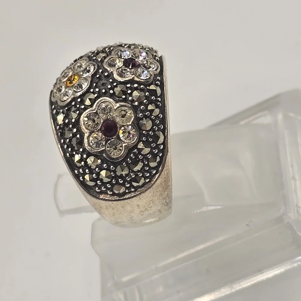 Sterling Silver Marcasite & Tiny Gemstone Flower Ring,  Size 6.75